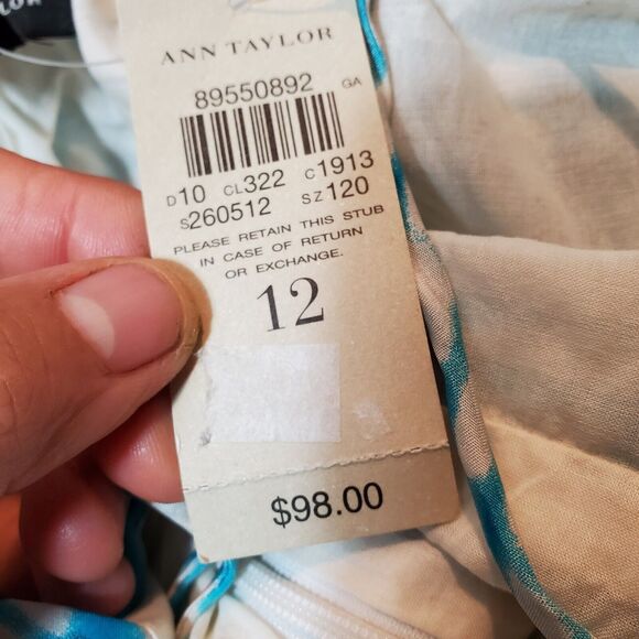 Ann Taylor 100% Silk Blue & White Turquoise Spaghetti Strap Dress Size 12 NWT